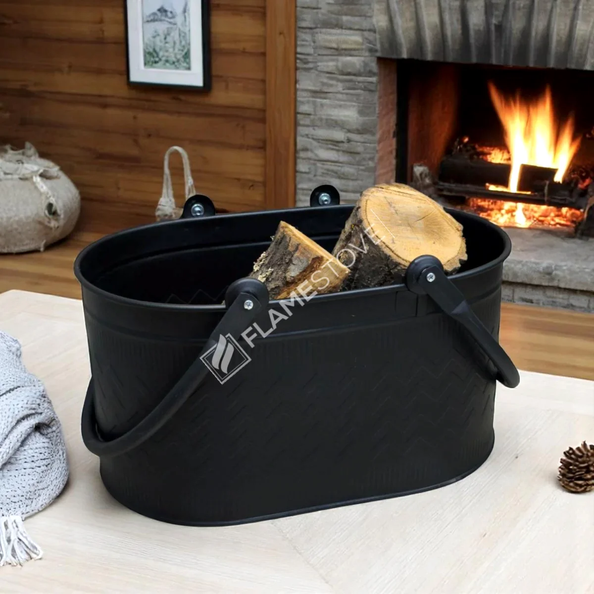 Dayanıklı Mat Siyah Oval Odun Kovası, Çift Kulplu, İç ve Dış Mekan Kullanımı