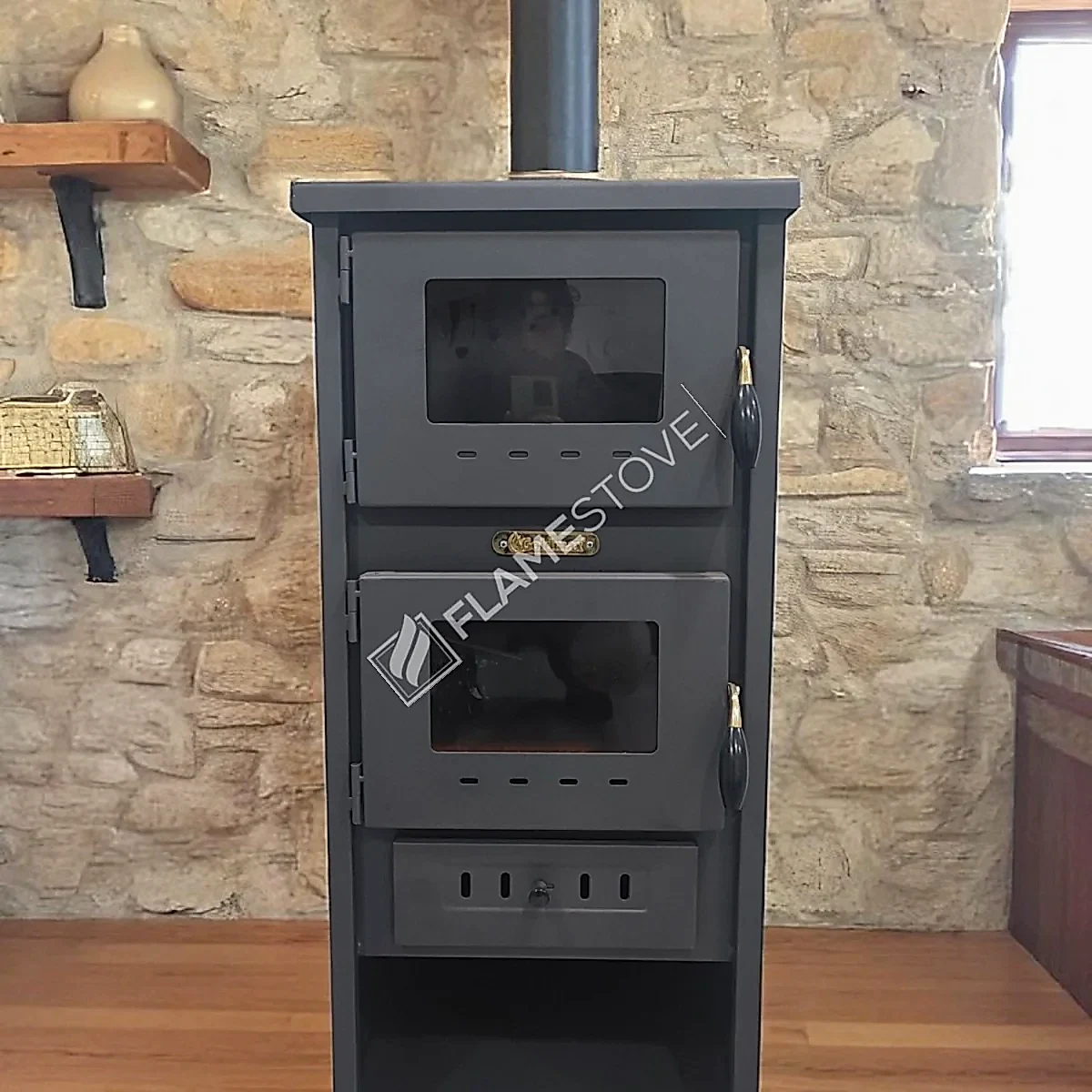Flame Stove Yüksek Verimli Fırınlı Çelik Dış Yüzey Ateş Tuğlalı Soba Seti Maşa ve Odunluklu