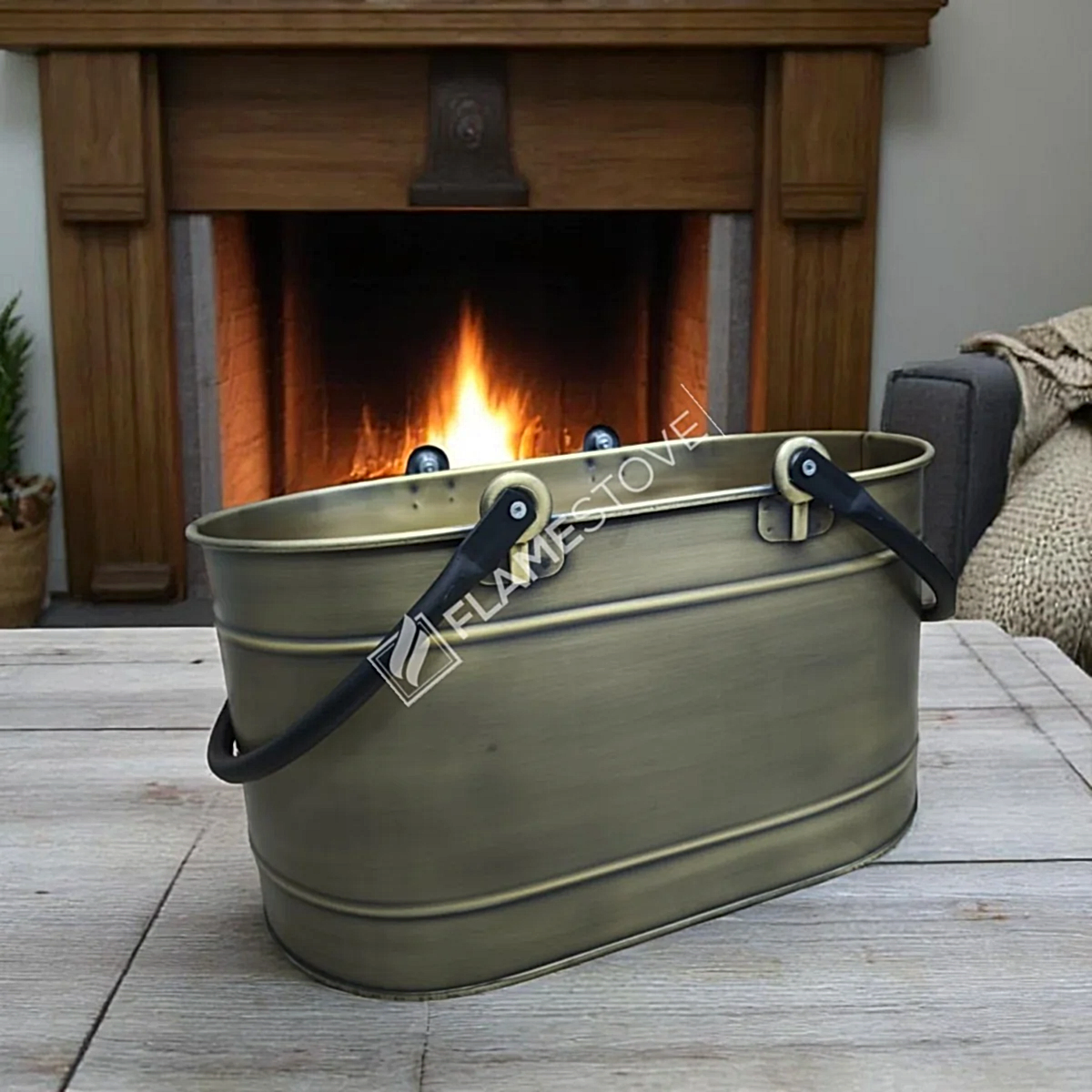 Çift Kulplu Gold Oval Odun Kovası, Dayanıklı Metal Şömine Odunluğu, Dekoratif ve Taşınabilir