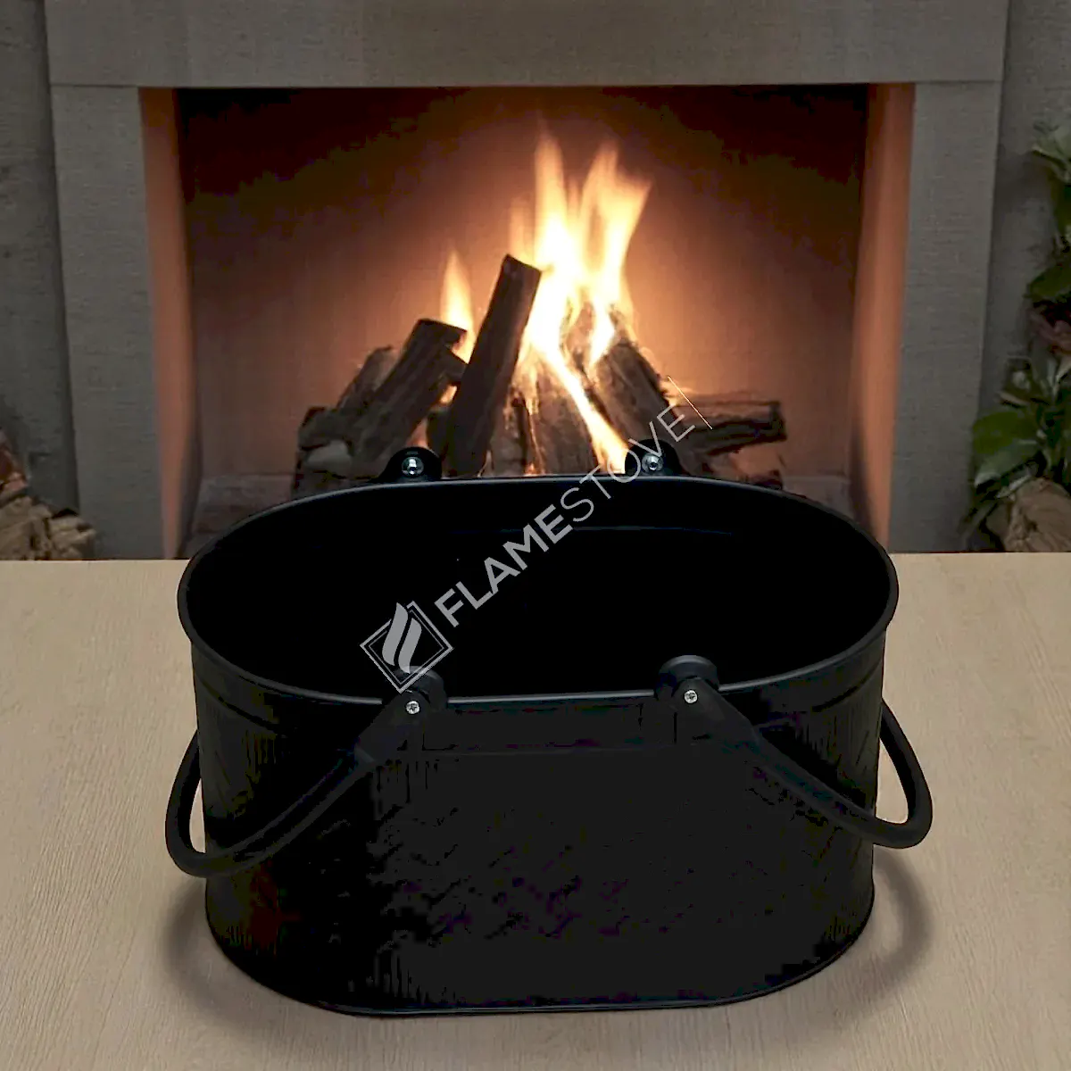 Dayanıklı Mat Siyah Oval Odun Kovası, Çift Kulplu, İç ve Dış Mekan Kullanımı