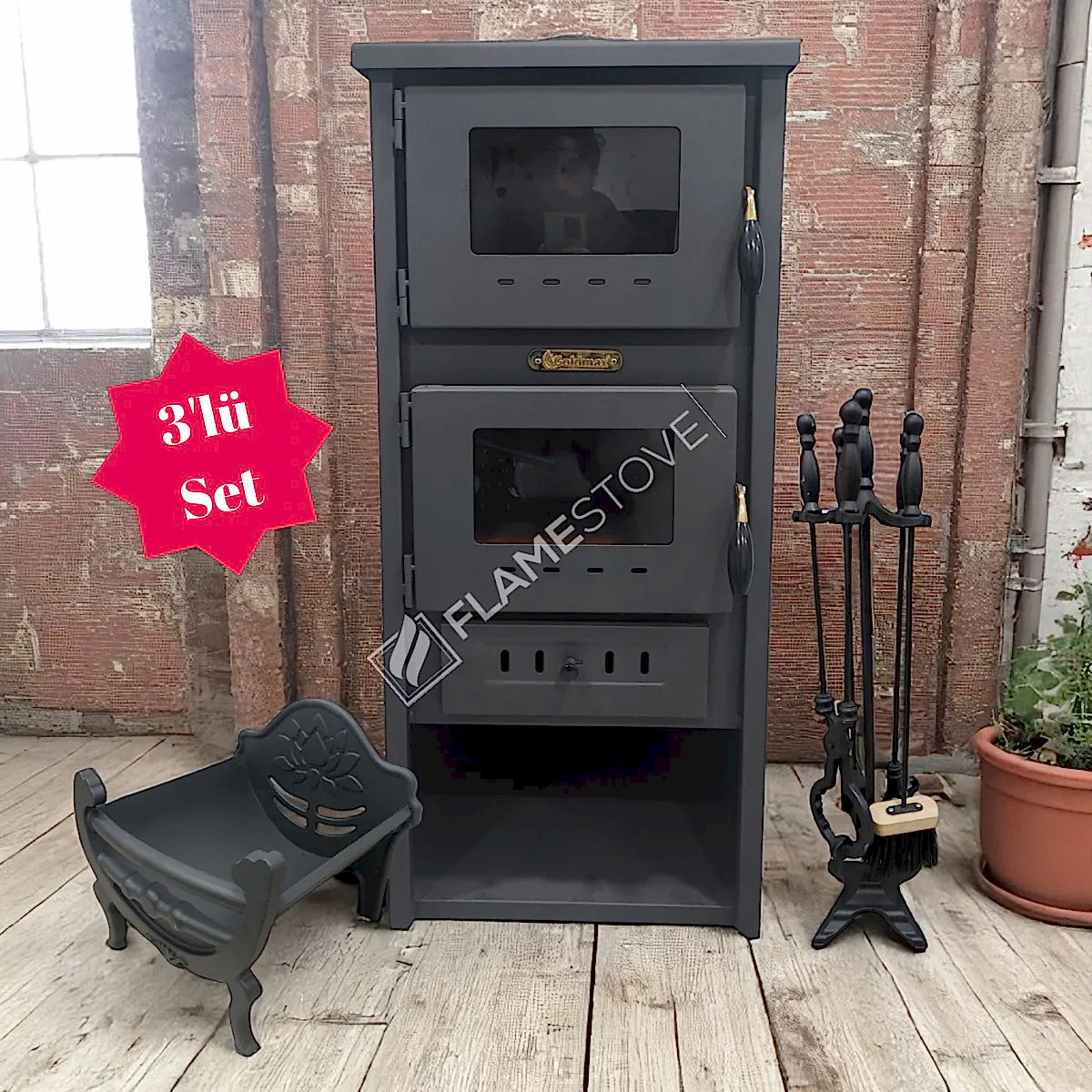 Üçlü Set Çelik Soba Ateş Tuğlalı Fırınlı Odunluklu Maşa Takımılı Set