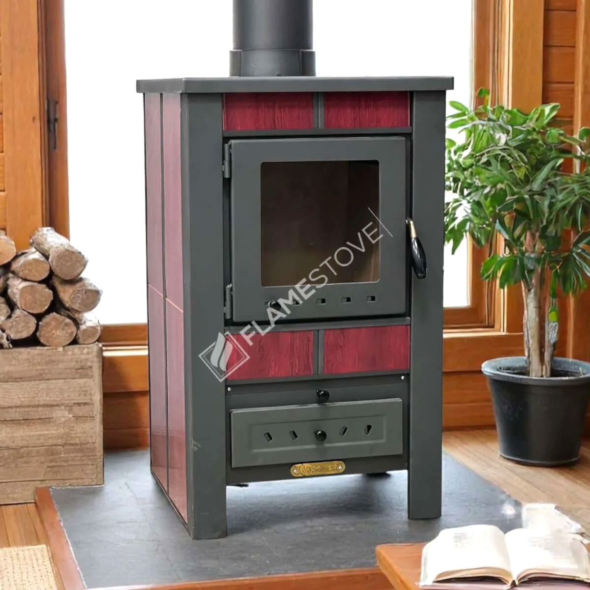 Yüksek Verimli Çelik Dış Yüzey Ateş Tuğlalı Soba, Alüminyum Maşa Takımı Odunluk Seti