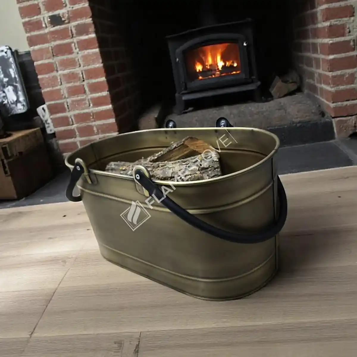 Çift Kulplu Gold Oval Odun Kovası, Dayanıklı Metal Şömine Odunluğu, Dekoratif ve Taşınabilir